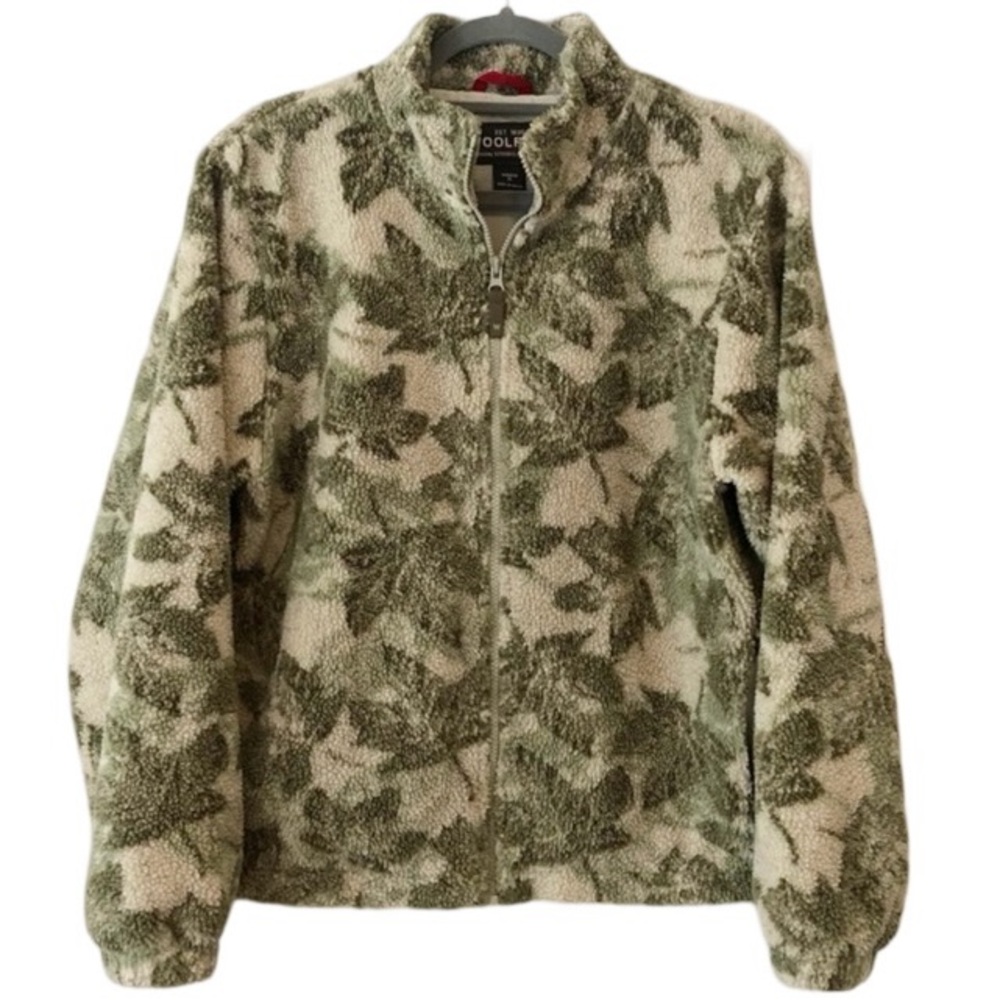 Woolrich Women’s Green Leaves Sherpa Full Zip Jacket Coat Fleece Size Medium